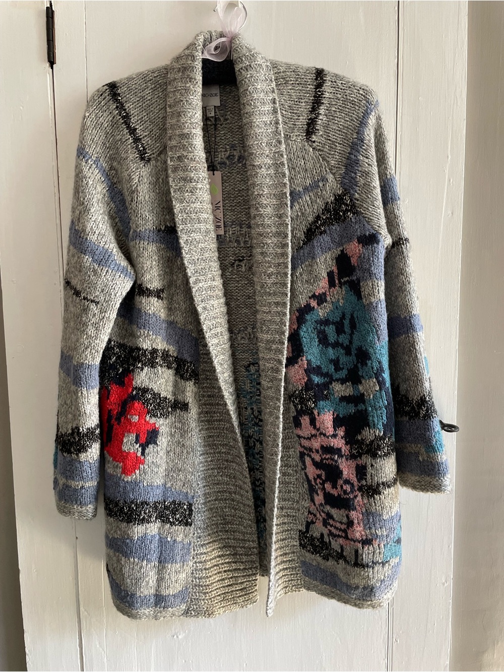 Nik+Zoe Cozy Patterned Open-Front Cardigan Jacket Gray with Multicolor Accents S
